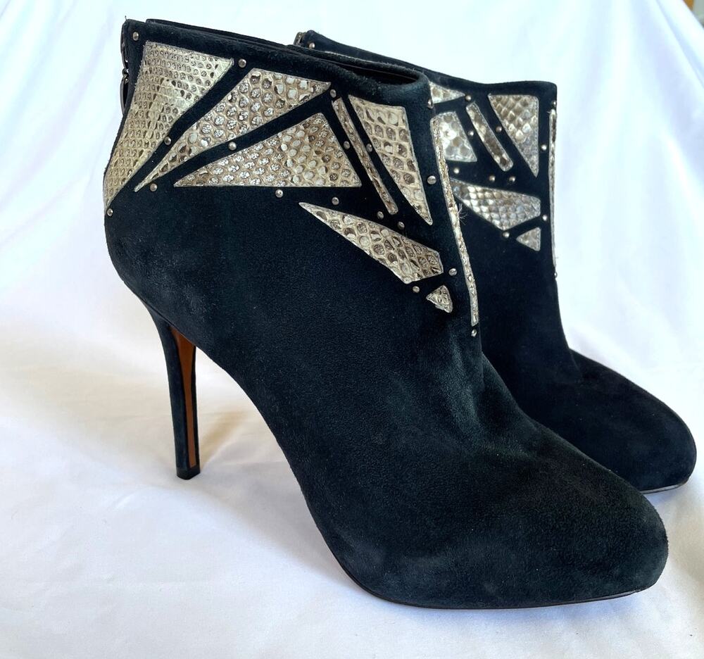 Alexandre Birman Black Suede Abstract Snakeskin Stiletto Ankle Booties 8.5 (9.5)